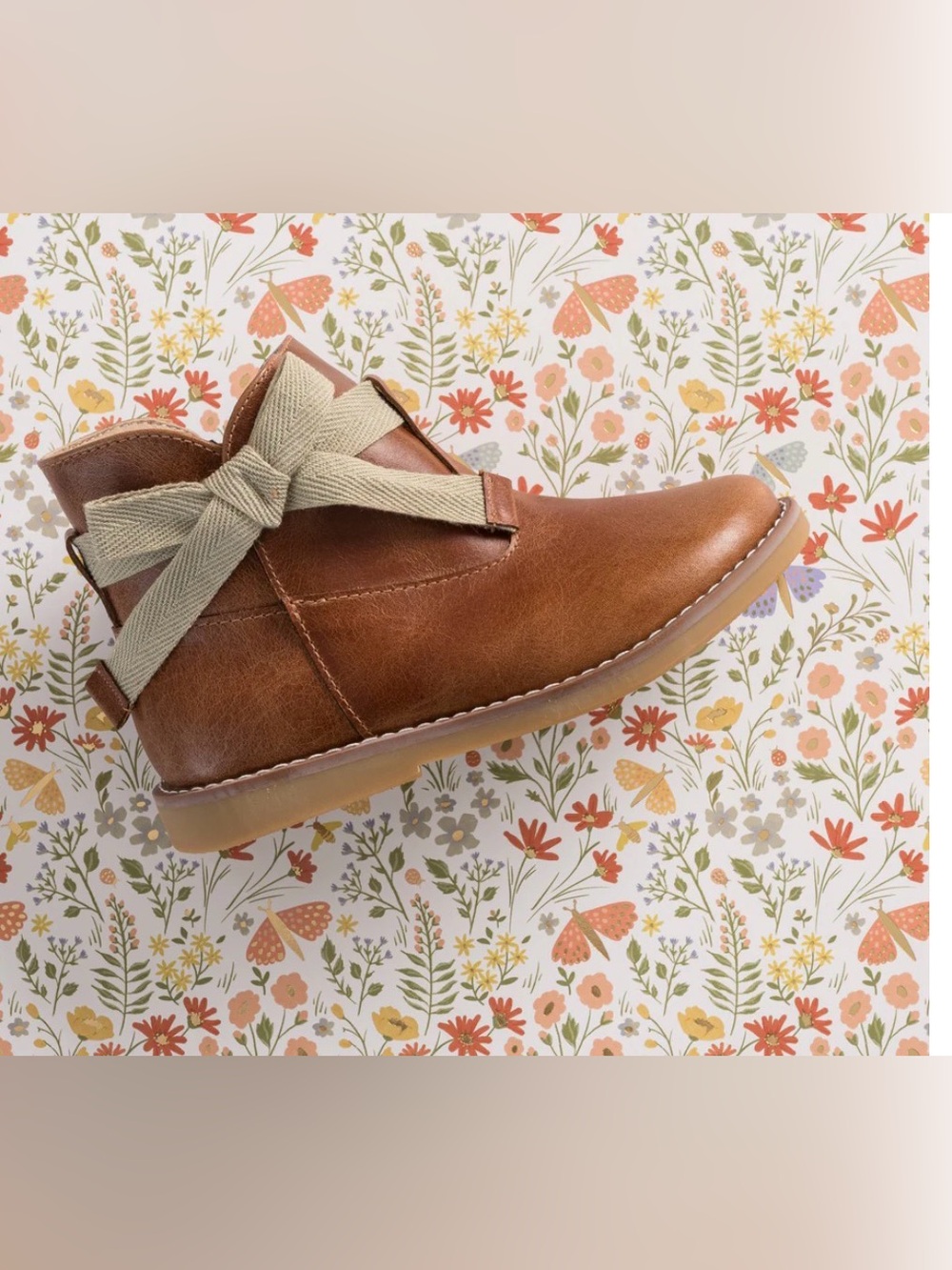 Elephantito Brown Kids Leather Ankle Boot Sunny Bootie with Cream Bow 3